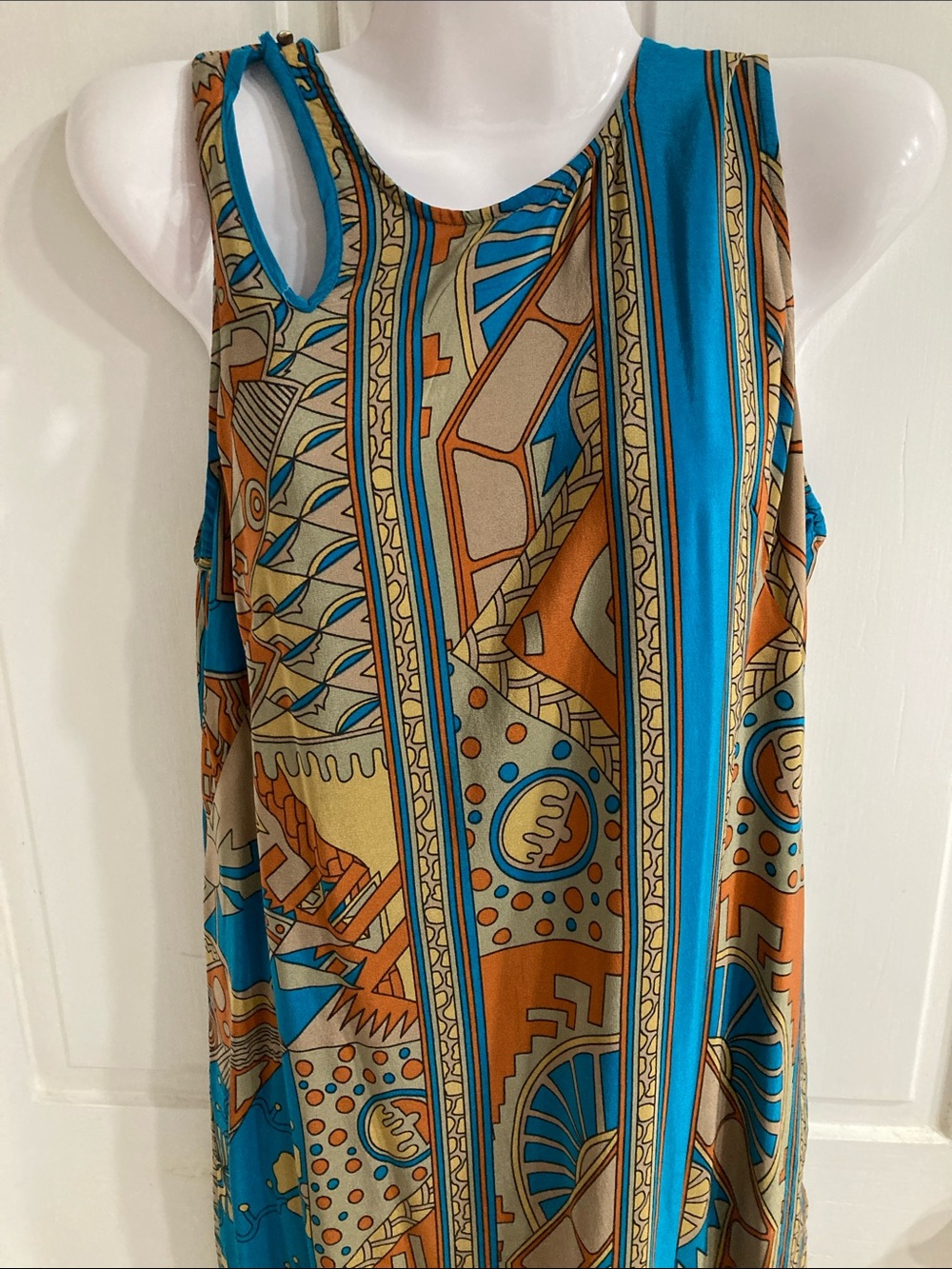 Silk Sleeveless Blue and Tan Printed Maxi Dress - Picture 2 of 6